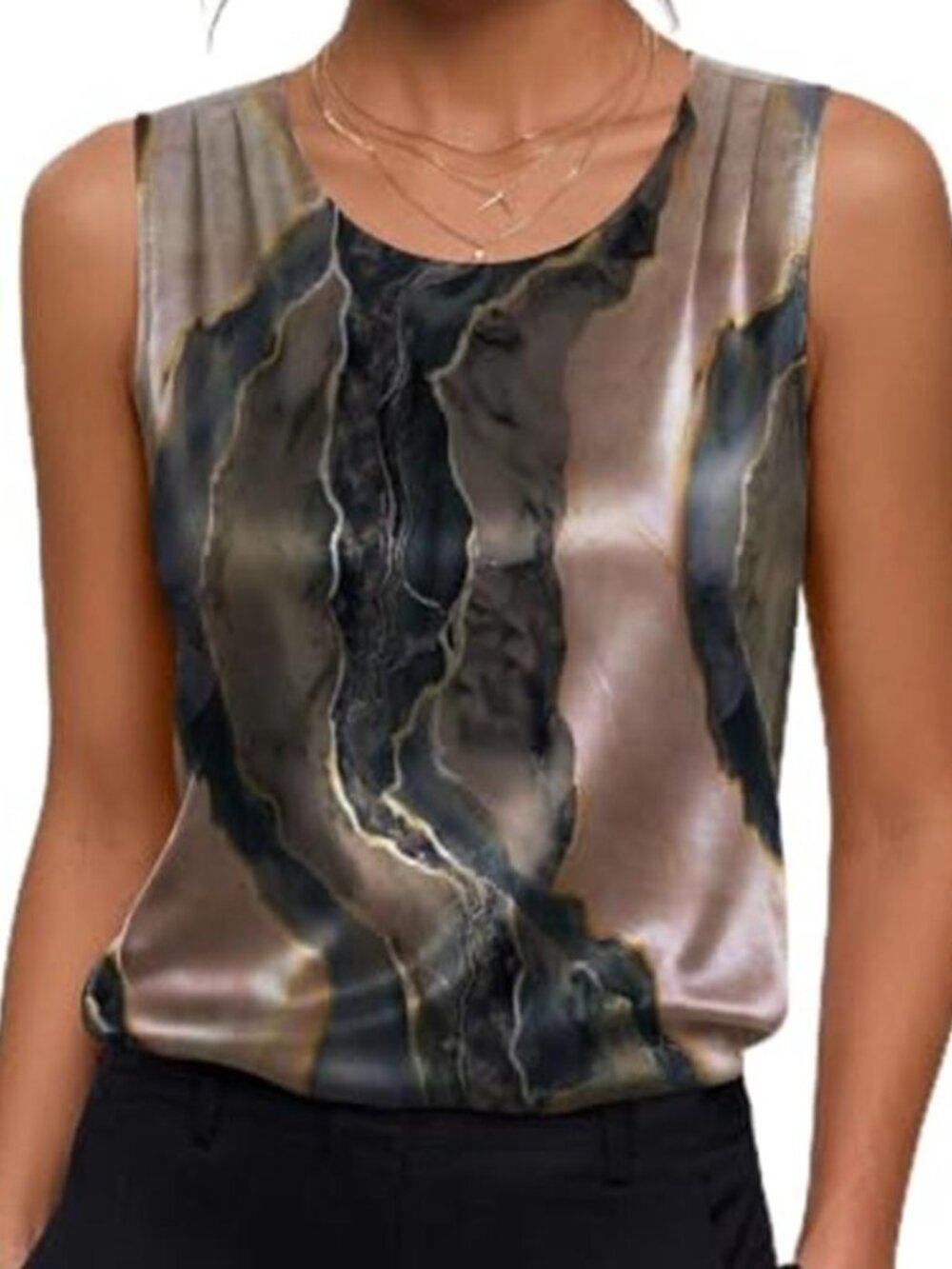 Brown Marble Satin Tank Top Pleated Shoulder Sleeveless Dressy Blouse